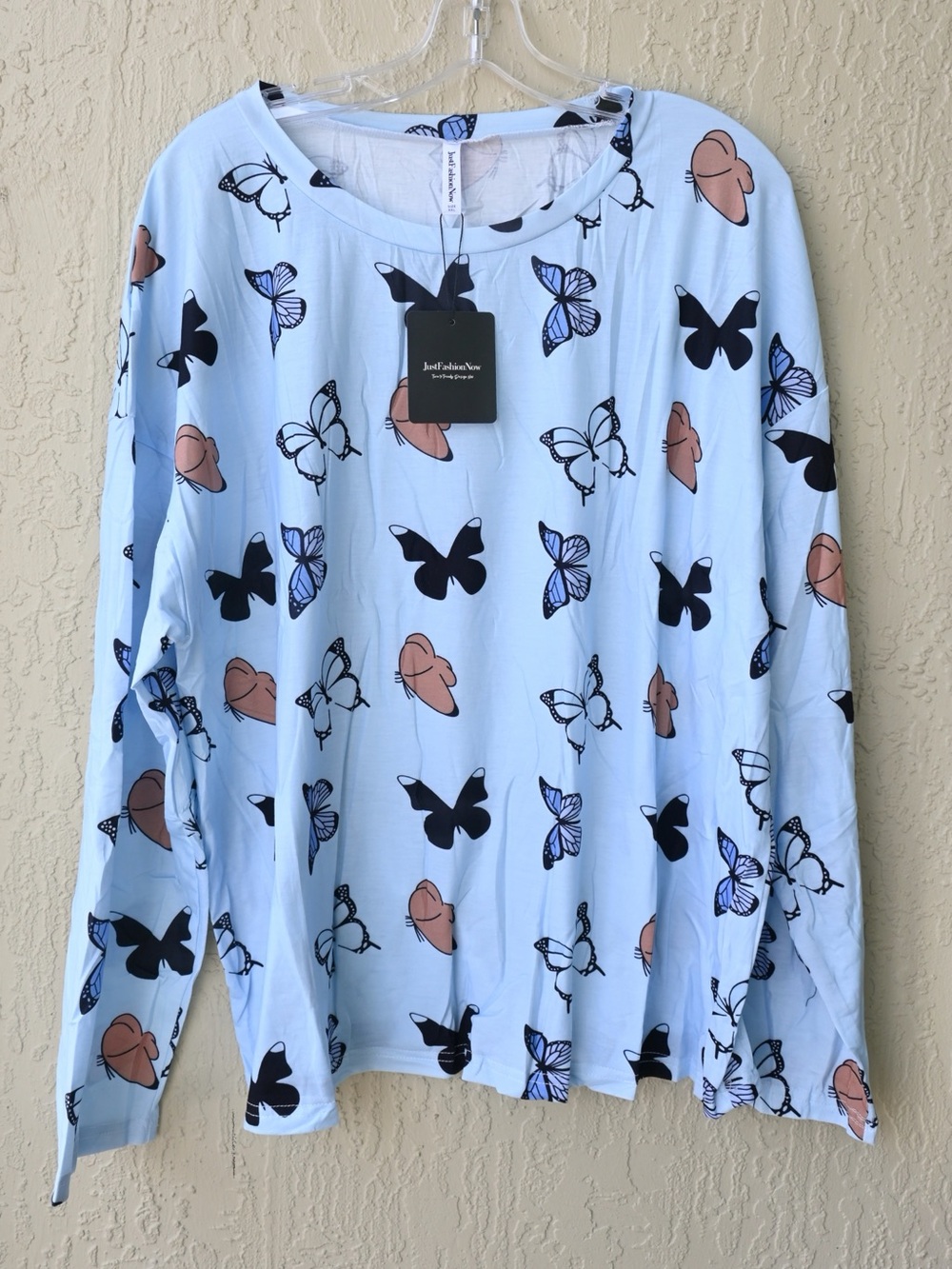 Pajama Set - Long Sleeve Light Blue Butterfly Print Top and Shorts Set